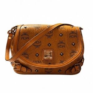 MCM Vtg Visetos Monogrammed Cognac Leather‎ Crossbody Saddle Bag Luxury Small